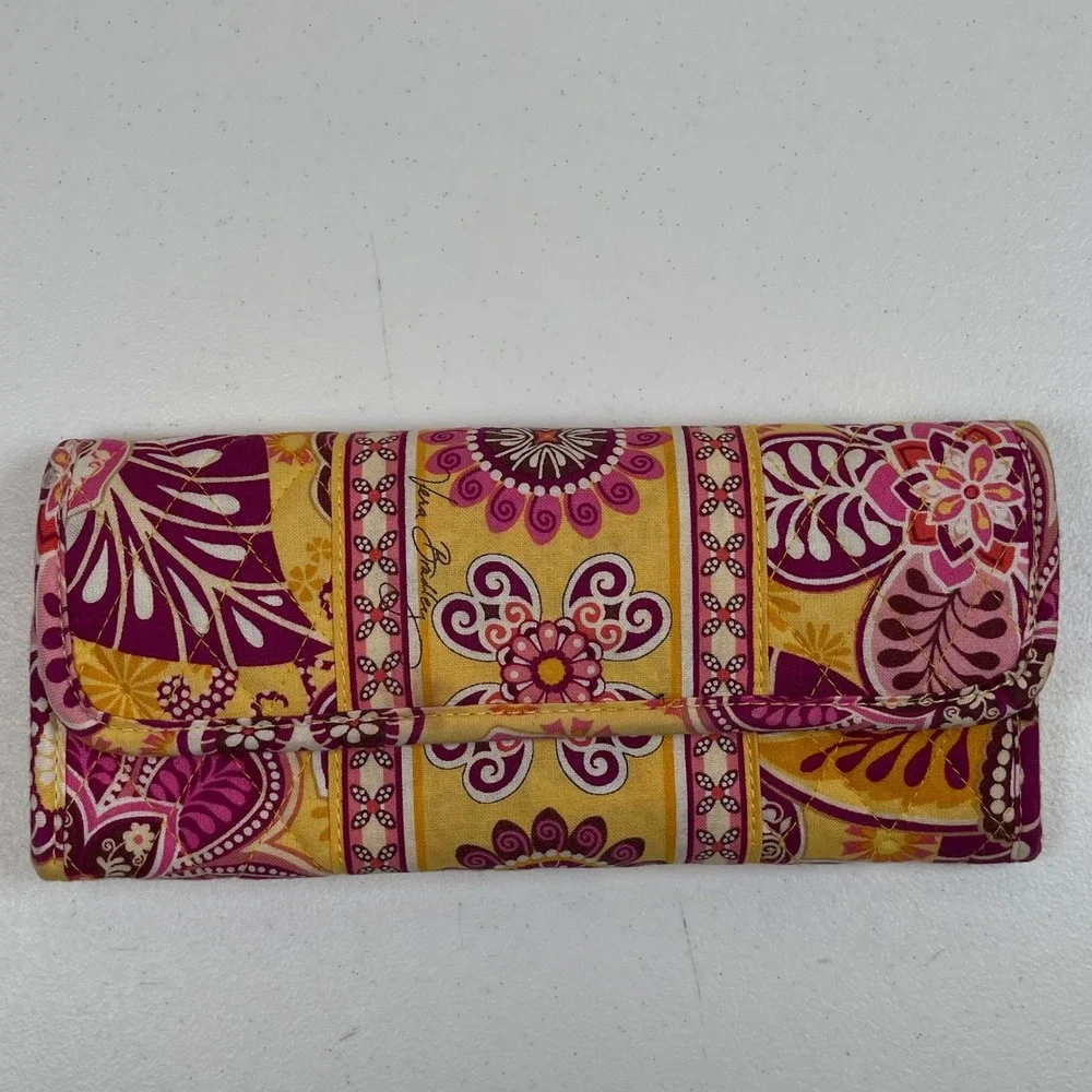 Vera Bradley Bali Gold Tri-Fold Wallet Women Yellow Pink Floral Quilted Cotton - Picture 2 of 8